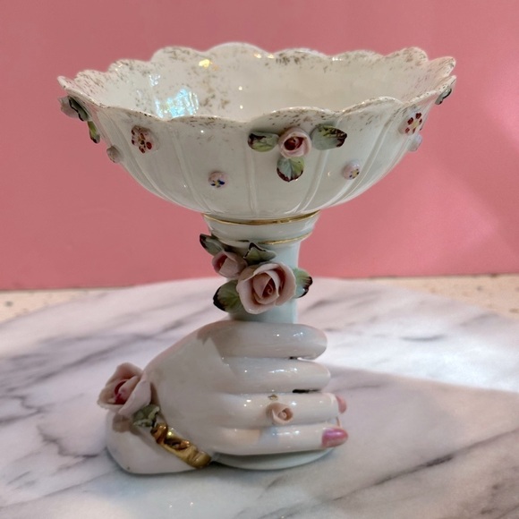 VTG Bone China Porcelain Flowers Compote Bowl Stand with Antique Ladies Hand - Picture 4 of 9